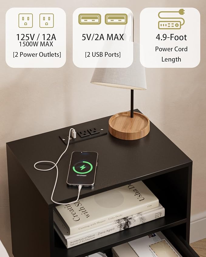 Aienvey Bedroom Nightstands Wooden Night Stands with Rattan Weaving Drawer Home Bedside End Table for Bedroom Storage (Modern-Black)
