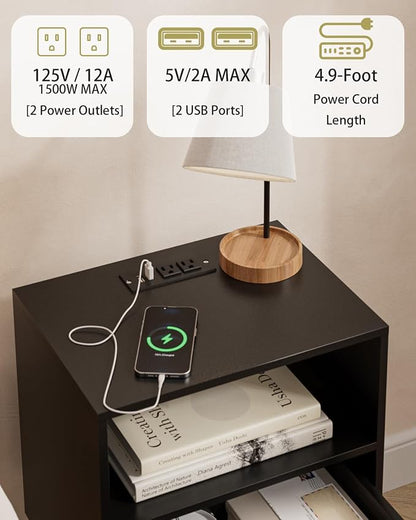 Aienvey Bedroom Nightstands Wooden Night Stands with Rattan Weaving Drawer Home Bedside End Table for Bedroom Storage (Modern-Black)