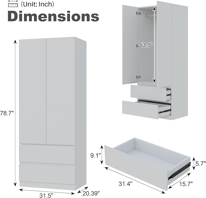 Mekminop White Armoire Wardrobe Closet with Large Capacity, 78.74" Tall Bedroom Armoire, Wooden Wardrobe Cabinet with 2 Drawers, Storage Shelves and Hanging Rod (2)