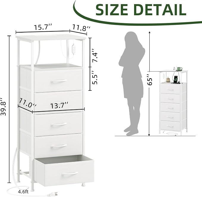 Somdot White Nightstand with Charging Station and LED Light for Bedroom, Tall 5 Drawers Dresser with Fabric Bins for Bedside Kids Dorm Room Closet Laundry Entryway, White Leather