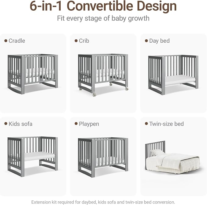 MAMAZING EvoNest 6-in-1 Convertible Baby Mini Crib with Wheels | GREENGUARD Gold Certified, New Zealand Pine Wood, 4 Adjustable Heights, Rocking Mode, Small Spaces Design, Grey