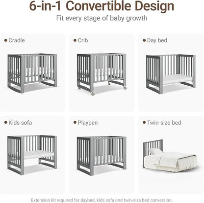 MAMAZING EvoNest 6-in-1 Convertible Baby Mini Crib with Wheels | GREENGUARD Gold Certified, New Zealand Pine Wood, 4 Adjustable Heights, Rocking Mode, Small Spaces Design, Grey