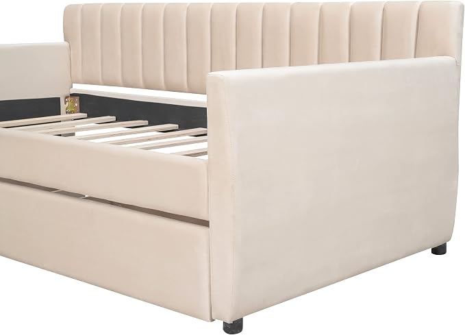 Merax Upholstered Daybed with 2 Drawers, Twin Size Bed Frame with Storage and Wood Slat Support, Beige