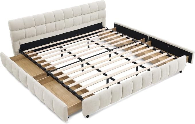 KEIKI King Thick Chenille Bed Frame with 4 Storage Drawer & Upholstered Tufted Headboard, Modern Solid Wood Floor Platform for Bedroom, No Box Spring Needed