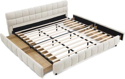 KEIKI King Thick Chenille Bed Frame with 4 Storage Drawer & Upholstered Tufted Headboard, Modern Solid Wood Floor Platform for Bedroom, No Box Spring Needed
