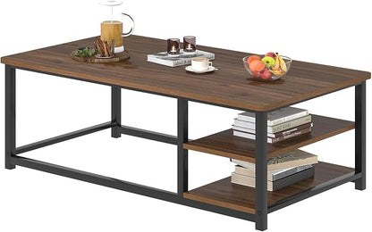 EXCEFUR Modern Coffee Table, Rustic Wood and Metal Center Table for Living Room, Industrial Rectangle Cocktail Tea Table with Storage Shelf, Walnut, 47 Inch