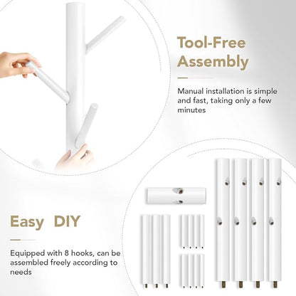 Wooden Coat Rack Freestanding with 8 Hooks,Easy Assembly New Zealand Pine Tree Coat Racks, 3 Adjustable Sizes for Clothes, Hats, Bags, for Entryway, Hallway, Bedroom, Office (White, 1 PC)