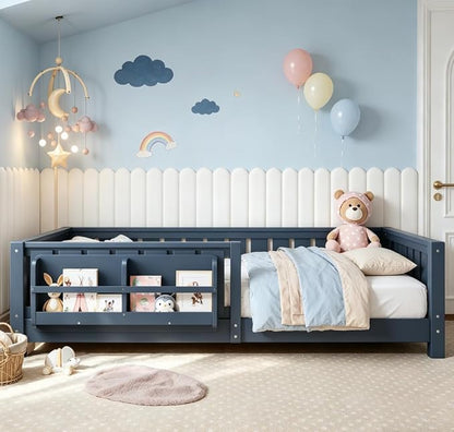 Bellemave Twin Size Floor Bed with high Rails and with Built-in Bookshelf for Kids, Girls, Boys, Wood Montessori Floor Bed Without Door, Blue