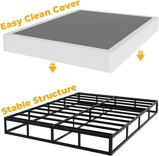 YORMDMO King Size Box Spring, 9 Inch Height-Profile Box Springs with Fabric Cover, Heavy Duty Metal Mattress Foundations Easy Assembly 3000 lbs Capacity