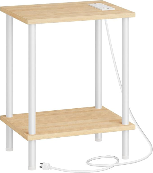 HOOBRO Side Table with Charging Station, End Table with USB Port and Outlet, Nightstand with 2-Layer Storage Shelves for Small Spaces, Living Room, Bedroom, Stable Frame, Natural and White WN09UBZ01