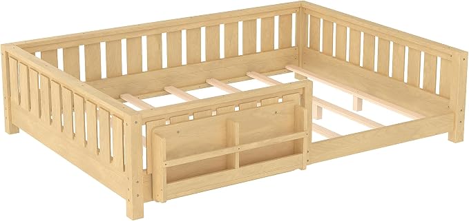 Bellemave Queen Size Montessori Floor Bed with Slats and Fence, Queen Size Montessori Bed with Rails and Bookcase, Easy Assemble Floor Beds Frame,Light Natural