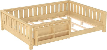 Bellemave Queen Size Montessori Floor Bed with Slats and Fence, Queen Size Montessori Bed with Rails and Bookcase, Easy Assemble Floor Beds Frame,Light Natural
