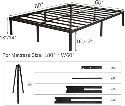 Wulanos Queen Size Bed Frame 18 inch Tall, 3500lbs Heavy Duty Metal Platform with Steel Slats Support, No Box Spring Needed, 18-inch Bedframe with Ample Storage, Sturdy and Noise-Free, Black