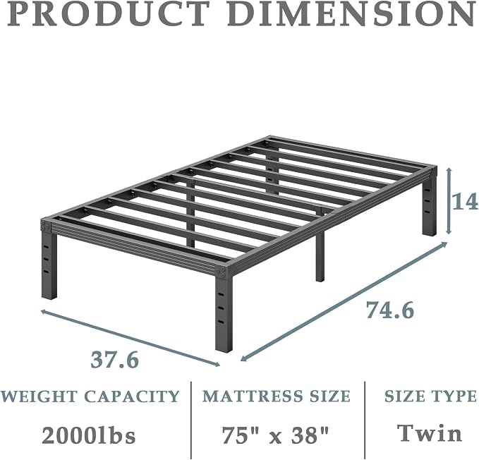 FSCHOS Heavy Duty Twin Size Metal Bed Frame, Black, 14 Inch, No Box Spring Needed, Easy Assembly, Stable Structure, 2000 LB Weight Capacity