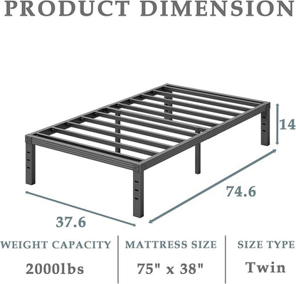 FSCHOS Heavy Duty Twin Size Metal Bed Frame, Black, 14 Inch, No Box Spring Needed, Easy Assembly, Stable Structure, 2000 LB Weight Capacity
