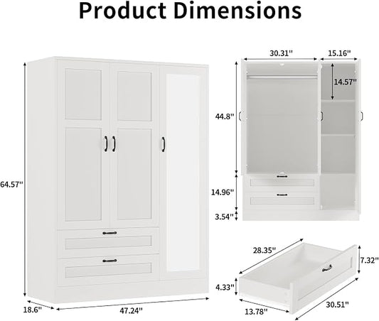 Yanosaku 5-in-1 Armoire Wardrobe Closet with Full Length Acrylic Mirror & 2 Drawers, Tall Narrow Armoire with Adjustable Shelf, Small Space Freestanding Storage Cabinet for Bedroom, White