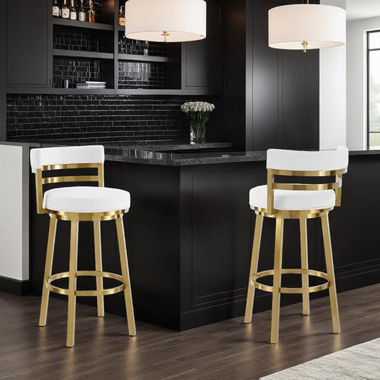 Armen Living Madrid 30" Seat Height Swivel Modern White Faux Leather and Gold Brushed Stainless Steel Bar Stool for Kitchen Island Counter