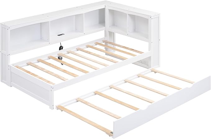 Bellemave Twin Corner Bed Frame with Trundle and USB Ports, Wood Twin Daybed with L-Shaped Bookcase，Daybed with Storage Cabinets, White