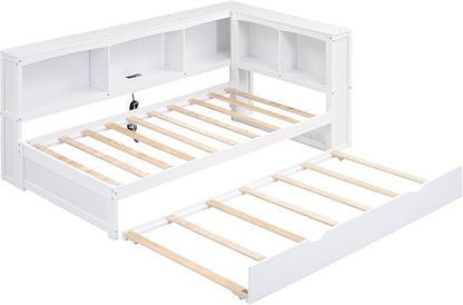 Bellemave Twin Corner Bed Frame with Trundle and USB Ports, Wood Twin Daybed with L-Shaped Bookcase，Daybed with Storage Cabinets, White