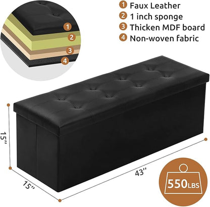YOUDENOVA Folding Storage Ottoman, Faux Leather Ottoman Bench Footrest Ottoman, Storage Chest Padded Seat for Bedroom and Living Room, Black,15" D x 43" W x 15" H