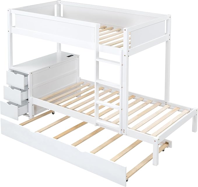 Harper & Bright Designs Twin Over Twin Bunk Bed Twin Size Trundle, Wood Twin Bunk Bed with USB Ports, Storage and Desk, White
