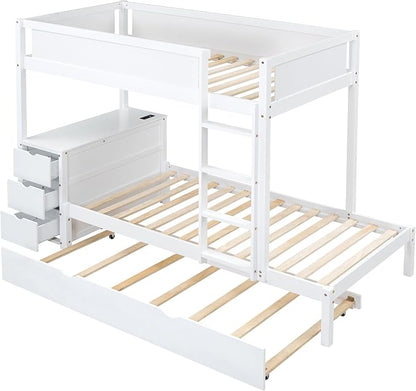 Harper & Bright Designs Twin Over Twin Bunk Bed Twin Size Trundle, Wood Twin Bunk Bed with USB Ports, Storage and Desk, White