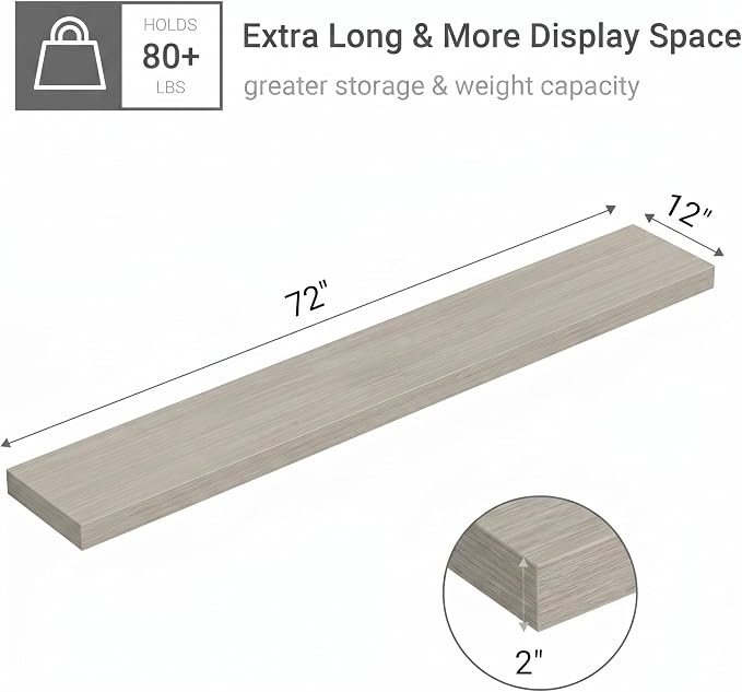 Vivelove 12 in Deep Floating Shelves for Wall, 72" x 12" x 2" Shelves for Room Wall Mounted, 2 Inch Thick Shelf for Bathroom Bedroom Kitchen Book Room, Modern Farmhouse Decor, Set of 1, Grey