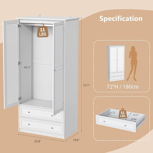 VINGLI Wooden Armoire Wardrobe Closet, 72" H Wardrobe Cabinet Closet, Freestanding Clothing Storage Cabinet, Wooden White Bedroom Armoire, Combination for Hanging Clothes