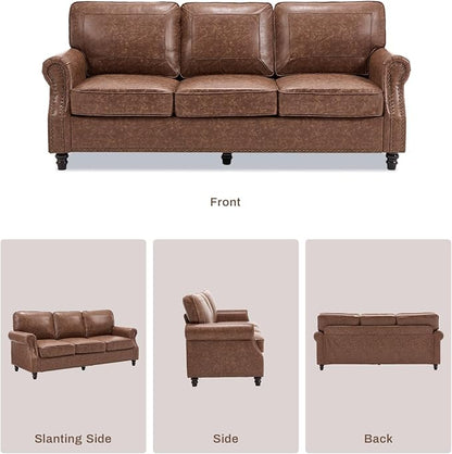 Kingfun Mid-Century Modern Couch, Faux Leather Sofa, 3 Seater Couch for Living Room with Rolled arms & Nailhead Trim, Dark Brown