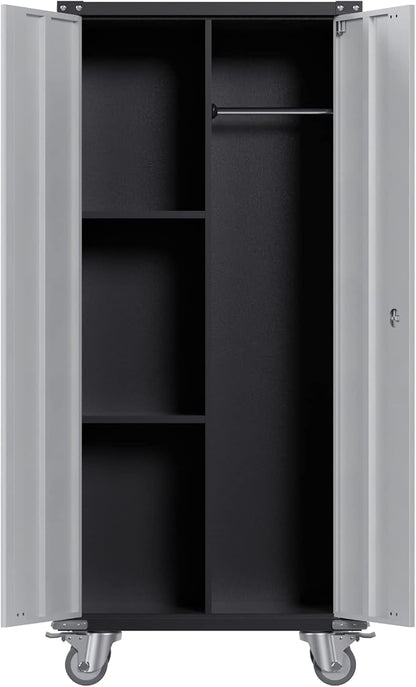 GarveeHome Metal Locker Storage Cabinet with Wheels 71" H with Doors and 2 Shelves Adjustable 4 Adjustable Feet for Home, Garage, Office, Shop