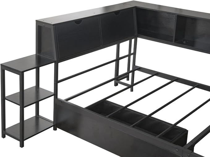 Bellemave Queen Size Corner Bed Frame with Storage Drawers, Bookcase and Side Desk, Queen Corner Bed with Light and Charging Station, Daybed for Bedroom, Living Room, Guest Room Black