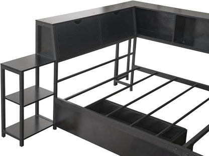 Bellemave Twin Size Corner Bed Frame with Storage Drawers, Bookcase and Side Desk, Twin Corner Bed with Light and Charging Station, Daybed for Bedroom, Living Room, Guest Room Black