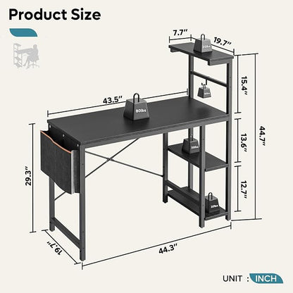 Bestier Gaming Desk with LED Lights, 44 Inch PC Gamer Desk for Small Spaces, Computer Desk with Reversible Storage Shelves & Side Storage Bag (Black Grained)