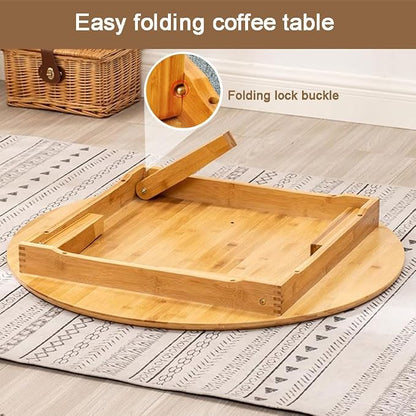 Round Japanese Style Small Table with Foldable Legs - Bamboo Coffee Low Table for Drinking Tea, Bay Window, Tatami, Outdoor, Bed Computer Dining Kang Floor (31.5 * 11.8in)