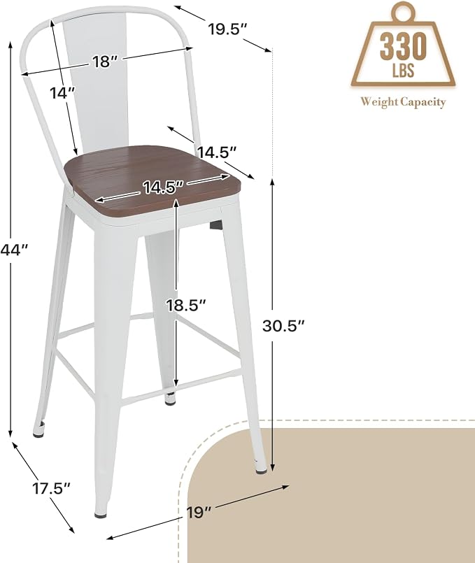 Athena Collection Counter Height Bar Stools Set of 2, 30.5 Inches Modern Barstools Set of 2 with Back and Metal Legs, Counter Height Bar Stool Chairs for Kitchen Island, Home, Dining Room, White