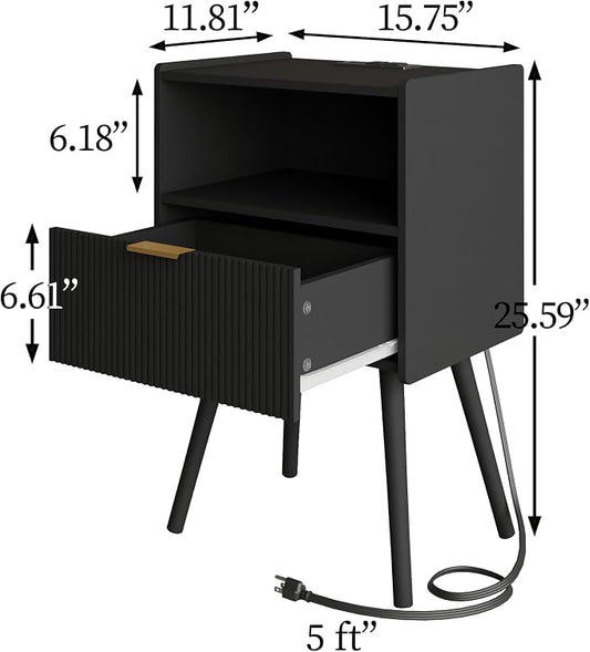 Veegle Nightstand,Modern Bedside Table with Storage Drawer and Open Wood Shelf, Accent Night Stand with Solid Wood Legs for Living Room, Bedroom and Small Spaces,Easy Assembly (Black-Outlet)