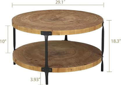 Awescuti Round Boho Wood Coffee Table - 29.1" Farmhouse Natural Circle Wooden 2-Tier Coffee Tables Living Room Furniture, 29.1" D x 18.3" H, Natural Wood Color