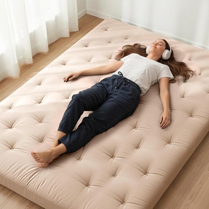 ZonLi Japanese Floor Futon Mattress Full Size 75"x 54", 100% Cotton Cover 4'' Thicken Tatami Mattress, Foldable Sleeping Pad, Portable Dormitory Tatami Mat, Roll Up Floor Lounger Bed for Adult (Khaki)