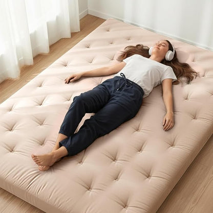ZonLi Japanese Floor Futon Mattress Full Size 75"x 54", 100% Cotton Cover 4'' Thicken Tatami Mattress, Foldable Sleeping Pad, Portable Dormitory Tatami Mat, Roll Up Floor Lounger Bed for Adult (Khaki)