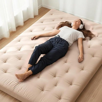 ZonLi Japanese Floor Futon Mattress King Size 76"x 80",100% Cotton Cover 4'' Thicken Tatami Mattress,Foldable Sleeping Pad,Portable Dormitory Tatami Mat,Roll Up Floor Lounger Bed for Adult (Khaki)