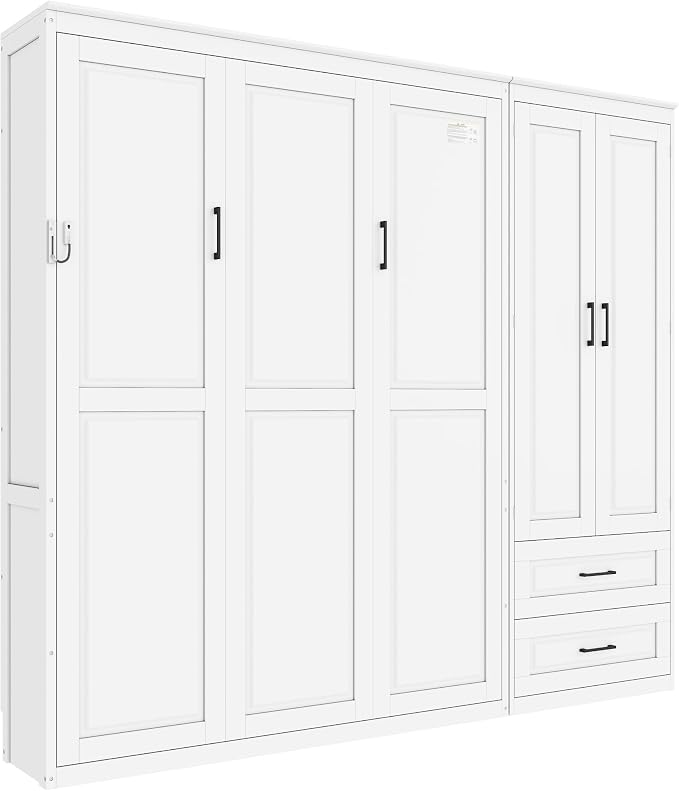 Merax Farmhouse Multi-Functional Murphy Bed with Wardrobe & Drawers,White | Queen Size Foldable Wall Platform Bed Upholstered Headboard for Guest-Room, Bedroom/ Space Saving