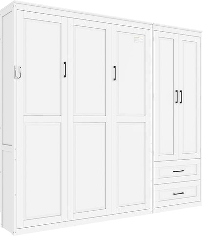 Merax Farmhouse Multi-Functional Murphy Bed with Wardrobe & Drawers,White | Queen Size Foldable Wall Platform Bed Upholstered Headboard for Guest-Room, Bedroom/ Space Saving