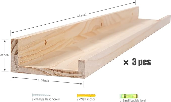 MBYD 48 Inch Floating Shelves Natural Wood, Wall Mount Picture Ledge Wooden Wall Shelf for Bedroom, Living Room, Office, Kitchen, Nursery Shelves Set of 3 Same Dimensions