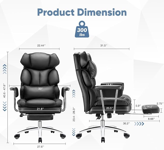 DUMOS Home Office Desk Executive Chair - Ergonomic Big Tall High Back with Footrest & Lumbar Support, Reclining Height Adjustable, Comfy PU Leather Computer Gaming with Swivel Wheels, Black