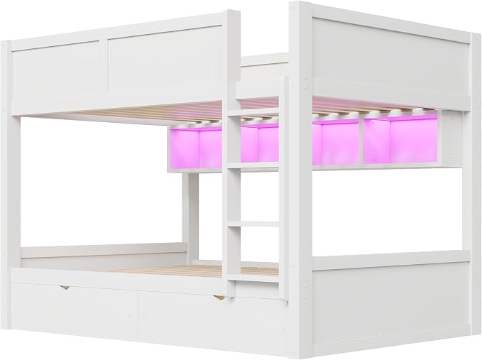 Wood Bunk Bed Full XL over Full XL Size with Built-in Storage Cabinets, 2 Drawers and LED Light, Versatile Bunk Bed Frame with Ladder and Guardrail for Kids Teens Adult, Maximize Space (White-1.13)