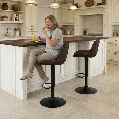 YOUTASTE Bar Stools Set of 2, Adjustable Swivel Counter Height Barstools with Back, Brown Faux Leather Upholstered Bar Chairs with Metal Base, Stools for Kitchen Island or Home Bar