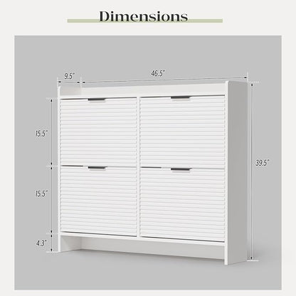 MU 46.5" W Fluted Shoe Storage Cabinet for Entryway, Shoe Cabinet with 4 Flip Drawers, Narrow Wood Shoe Rack Cabinet, Freestanding Hidden Shoe Organizer with Wooden Legs for Hallway, Entrance, White