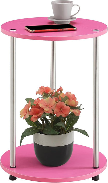 Convenience Concepts Designs2Go No Tools 2 Tier Round End Table 15.75" - Contemporary Modern Side Table with Storage Shelf for Family Room, Office, Den, Pink