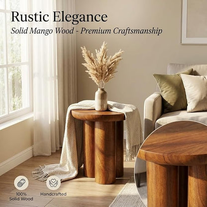 Relso Gaia Round End Table for Living Room and Farmhouse | Solid Mango Wood for Rustic Elegance | Ideal for Side Tables, Nightstands & More | Wood Side Table Round for Bedroom (Walnut)