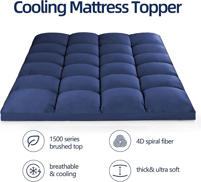 Mattress Topper Twin XL for Back Pain, Extra Thick Mattress Pad Cover, Plush Pillow Top, Deep Elastic Pocket, Navy